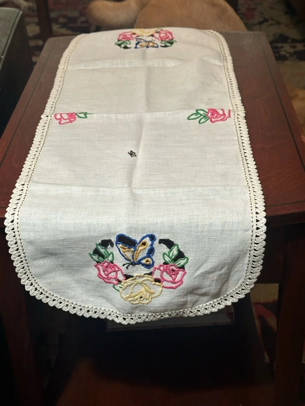 Vintage Embroidered Butterfly & Rose Table Runner -